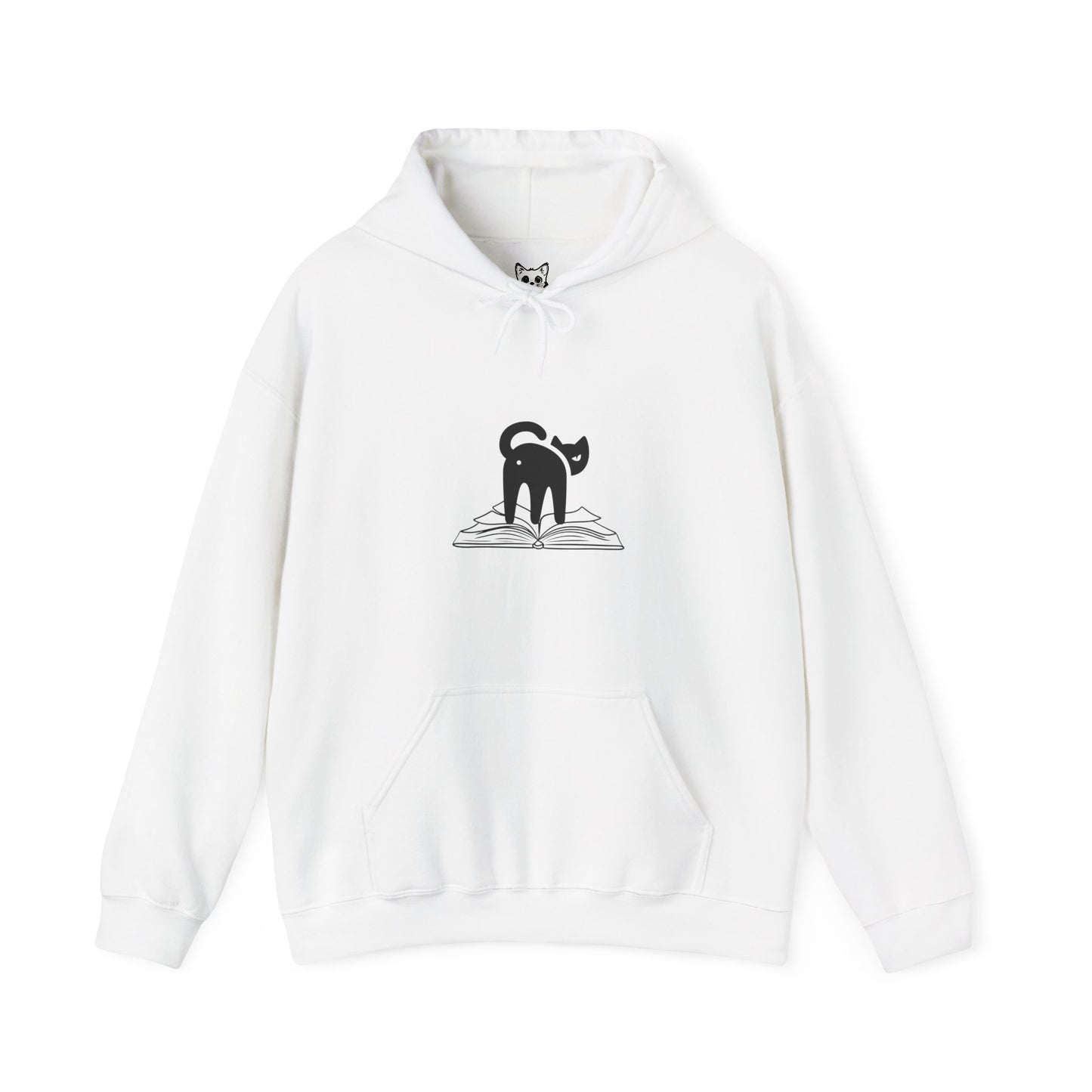 image of cat looking back on top of a book hoodie