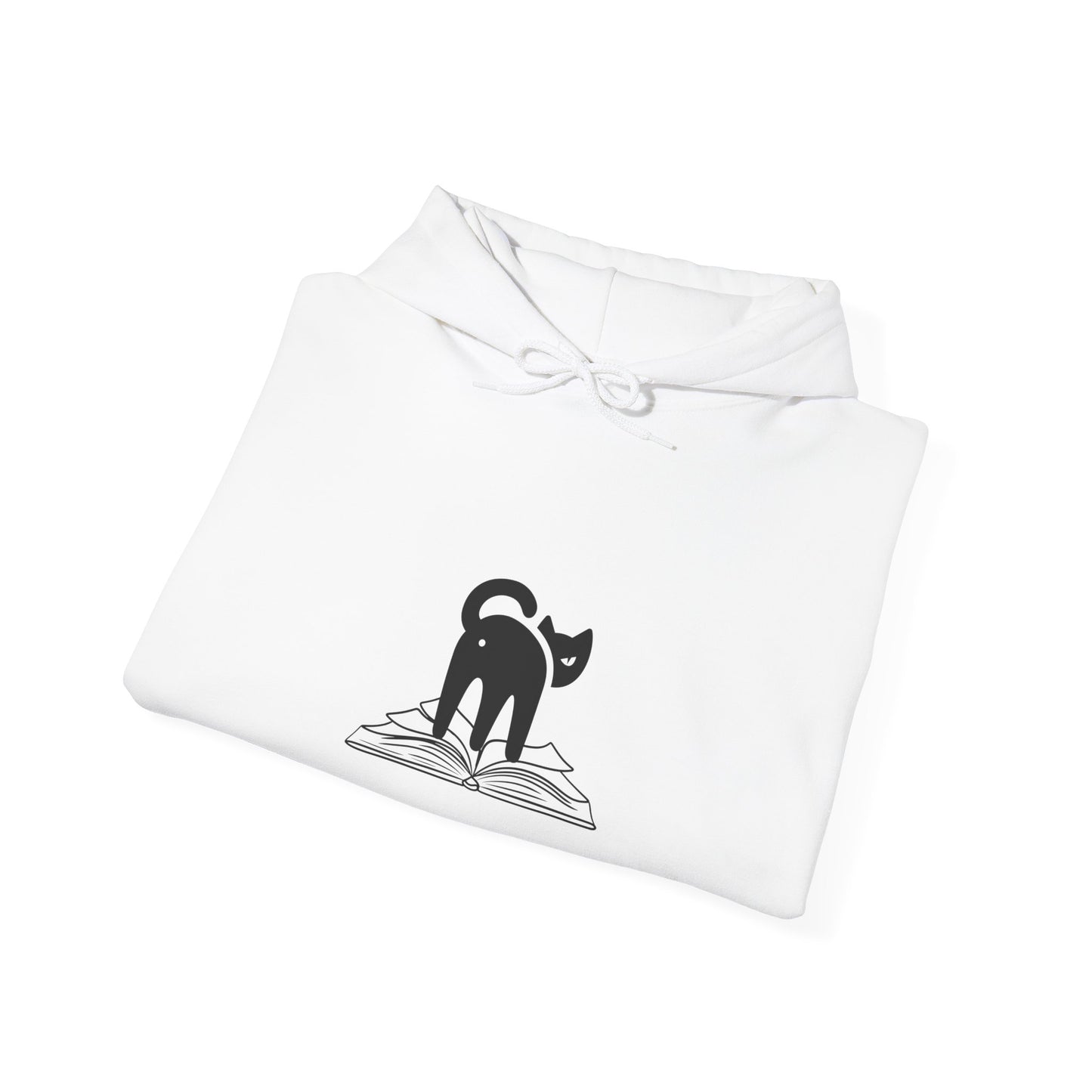 image of cat looking back on top of a book hoodie