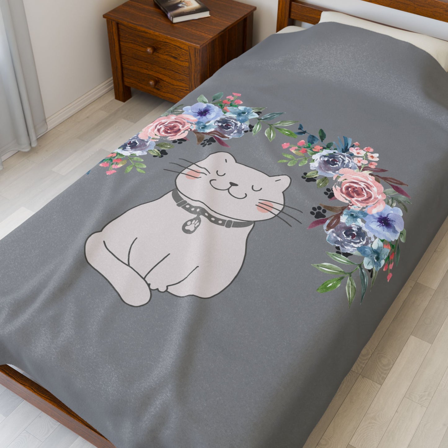 Flower Crown Cat Grey Velveteen Plush Blanket