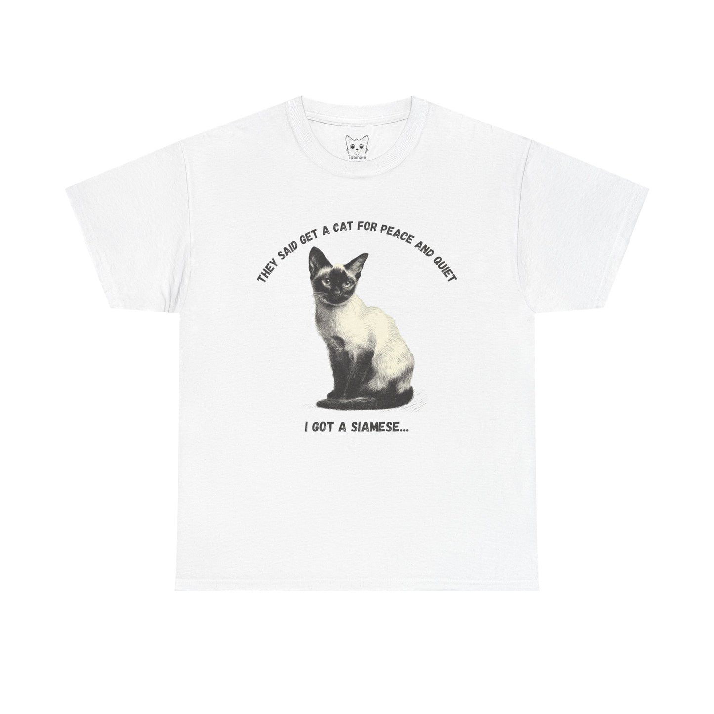White t-shirt with a Siamese cat graphic and text on a white background