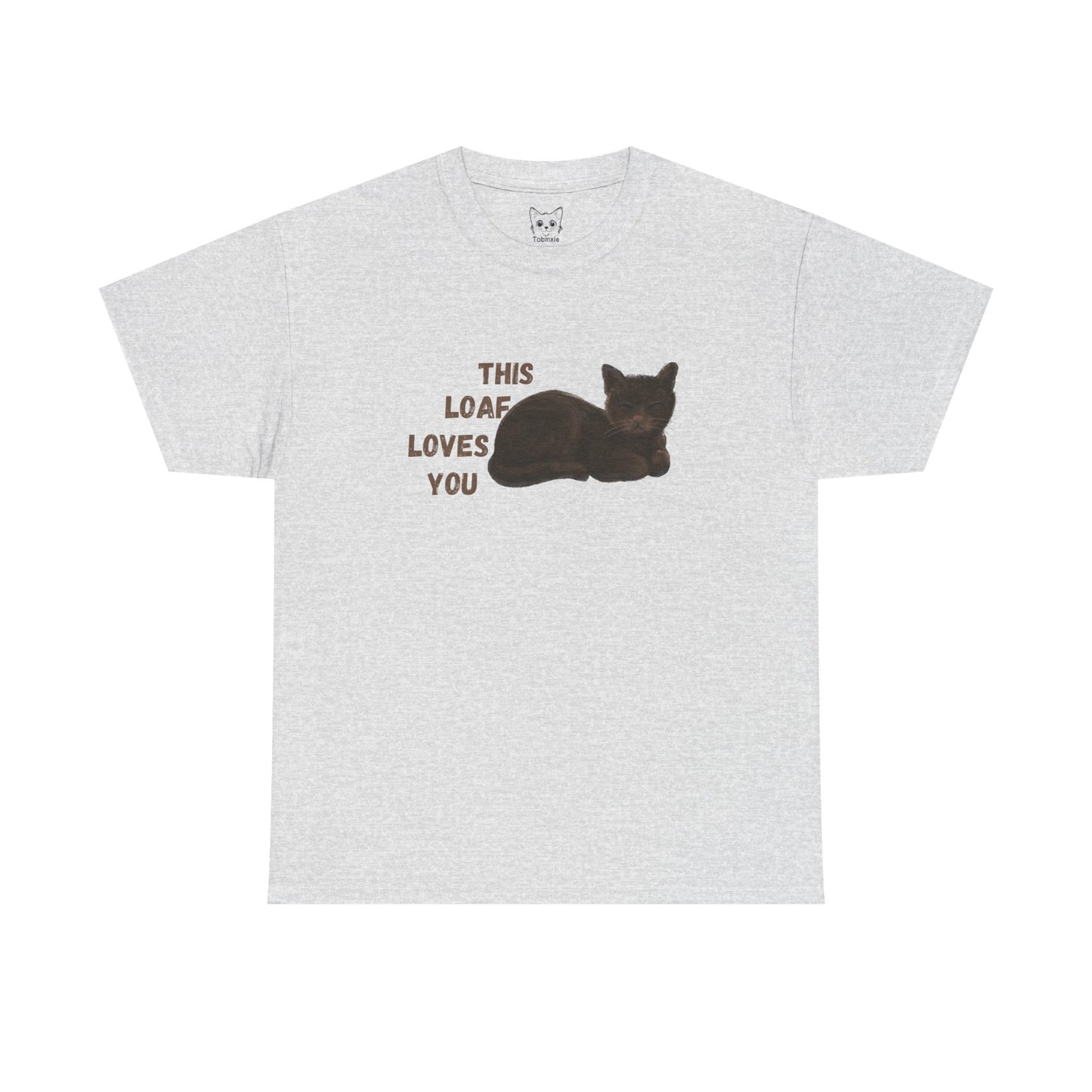 Grey t shirt- 'This loaf loves you' text with brown cat image