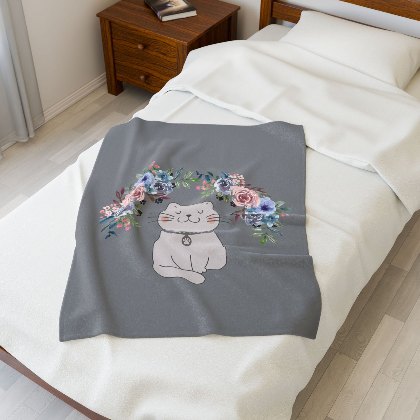 Flower Crown Cat Grey Velveteen Plush Blanket
