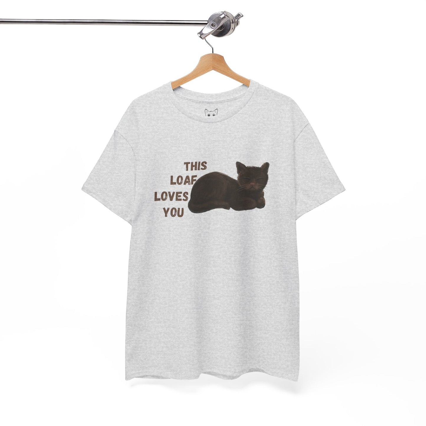 Grey t shirt- 'This loaf loves you' text with brown cat image