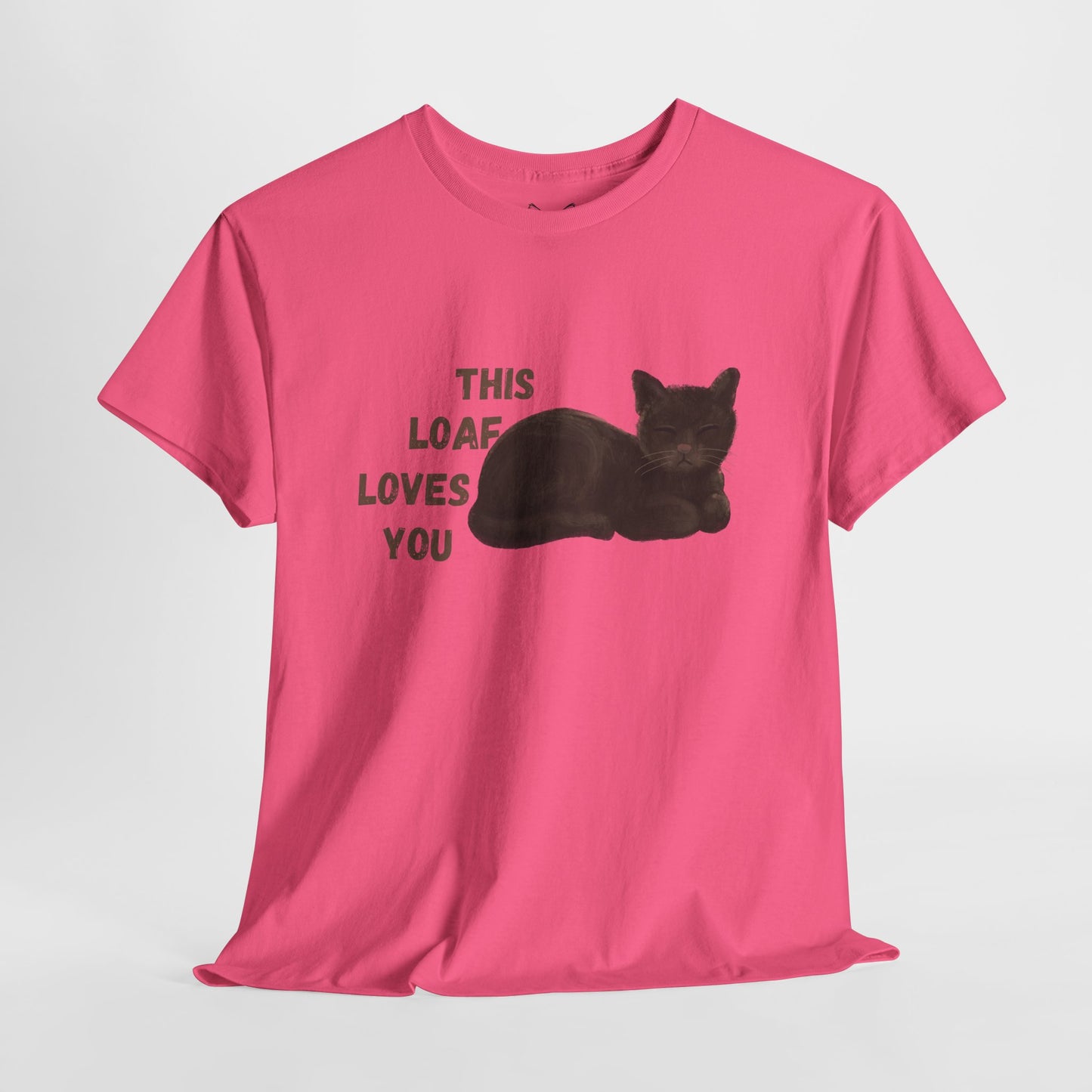 Pink t shirt- 'This loaf loves you' text with brown cat image