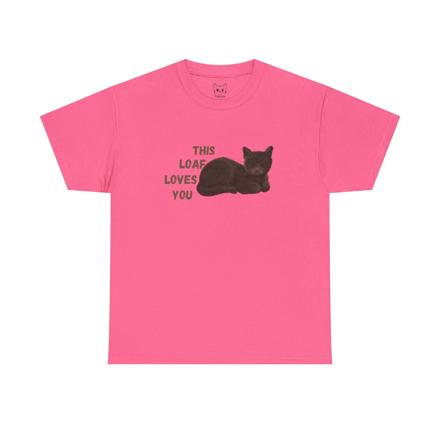 Pink t shirt- 'This loaf loves you' text with brown cat image