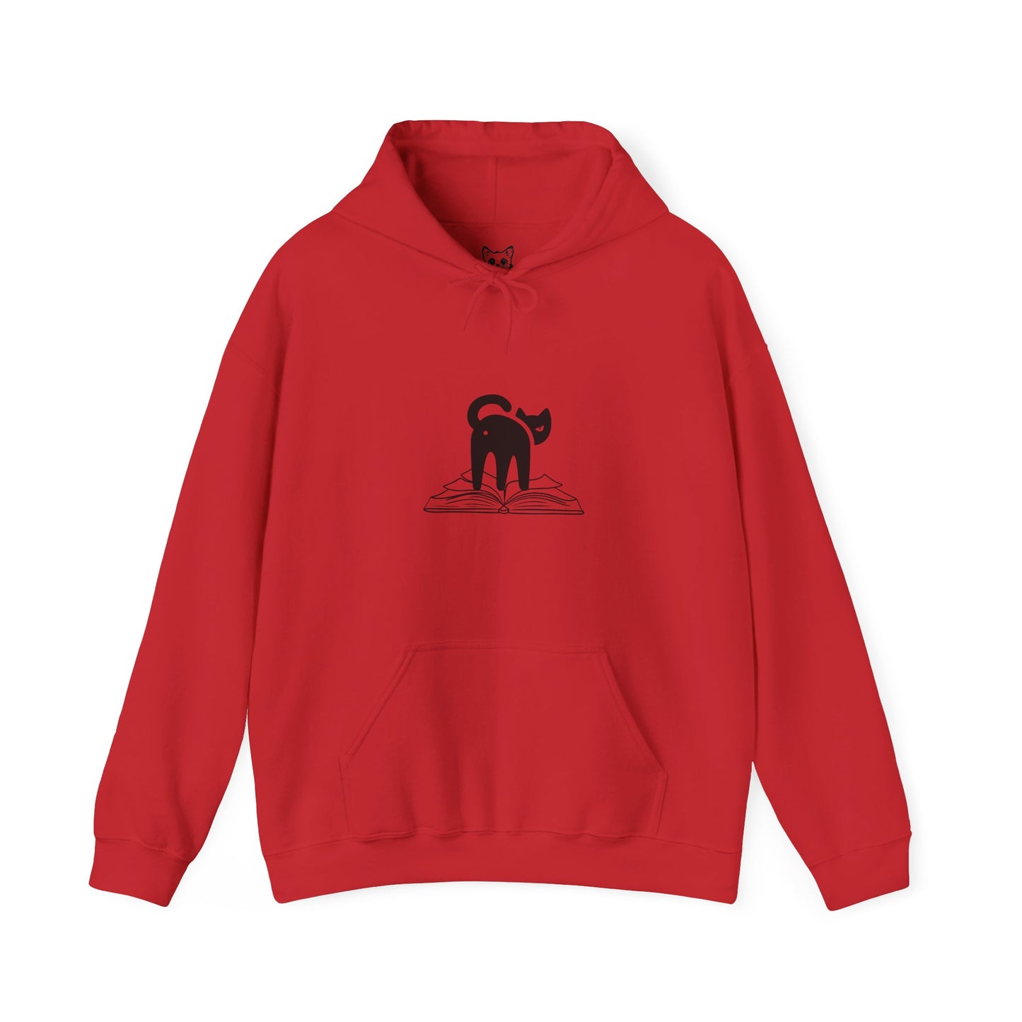 image of cat looking back on top of a book hoodie