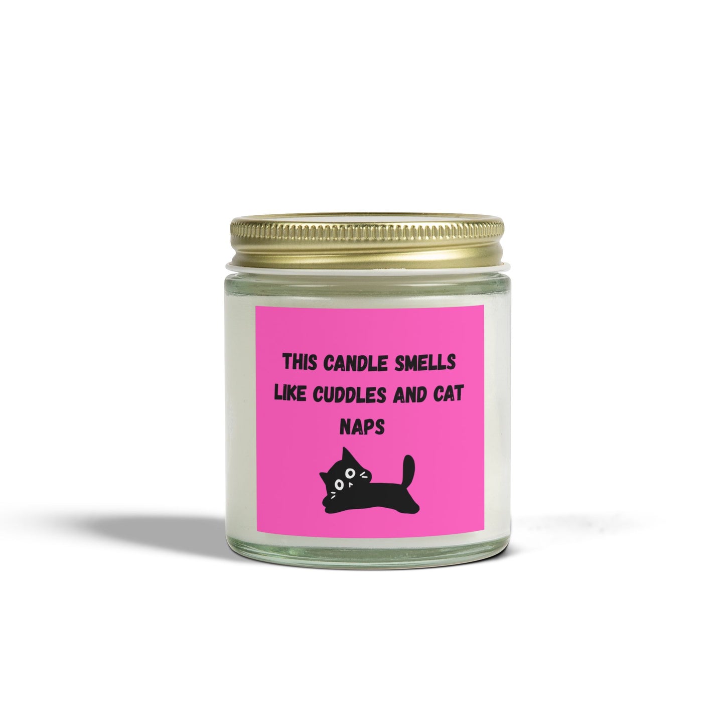 pink labelled candle with cuddles and cat nap text