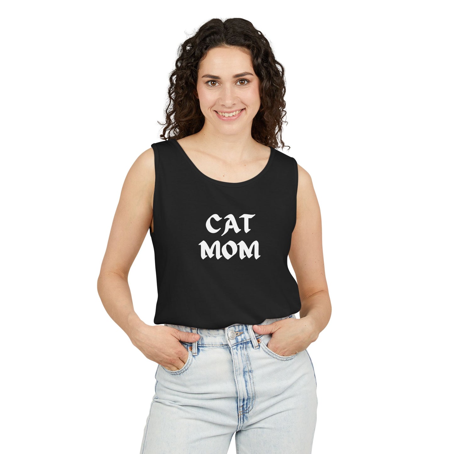 Black tank top. cat mom text