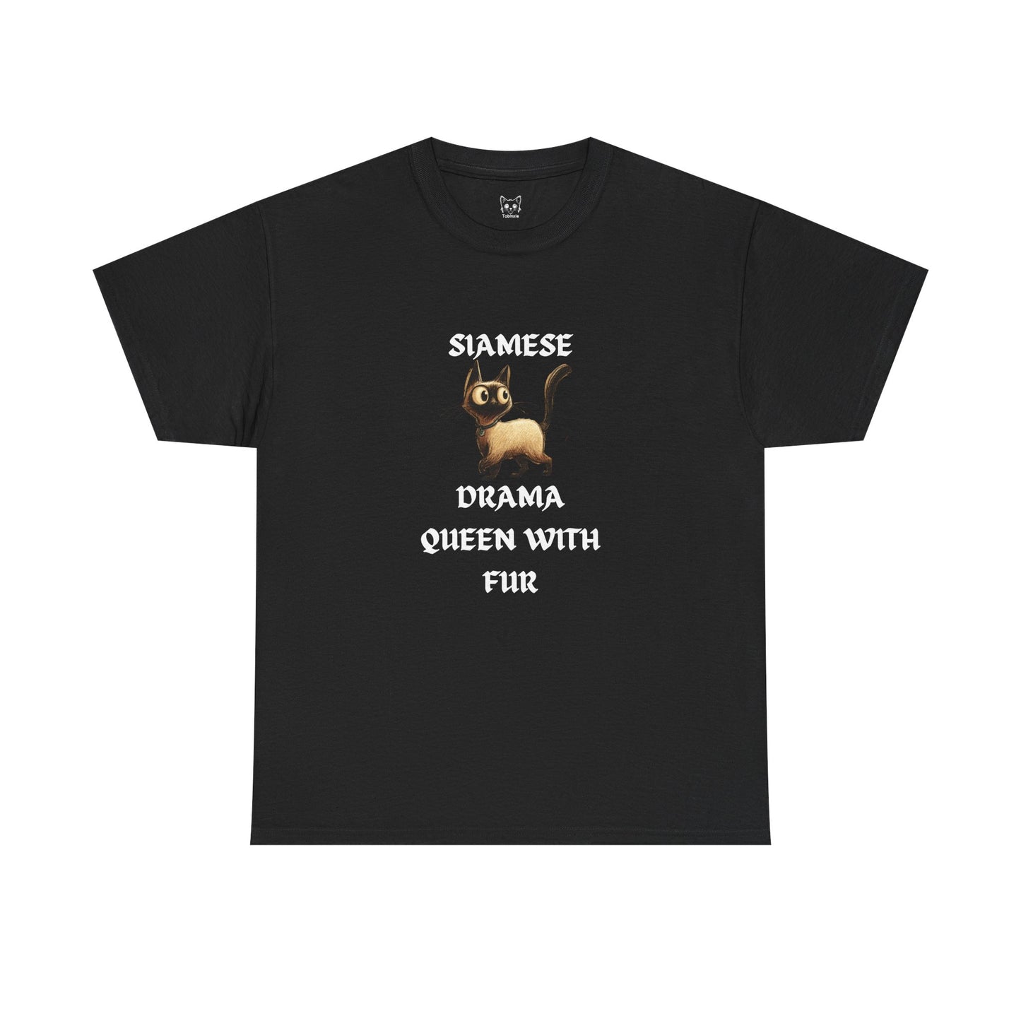 Black t-shirt with a cat graphic and text on a white background