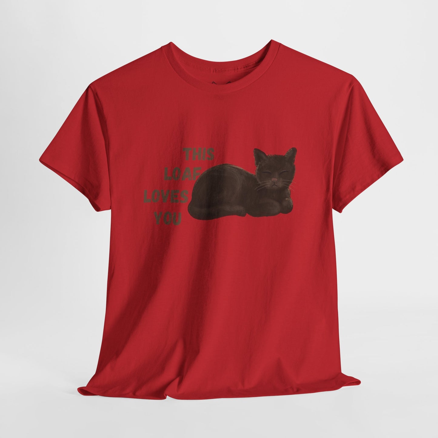 Red t shirt- 'This loaf loves you' text with brown cat image