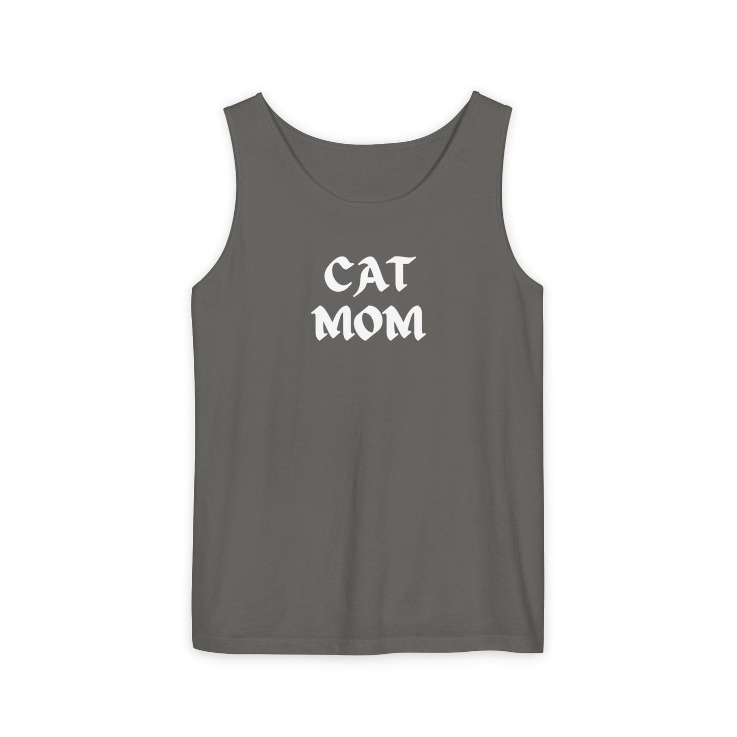 Denim tank top. cat mom text