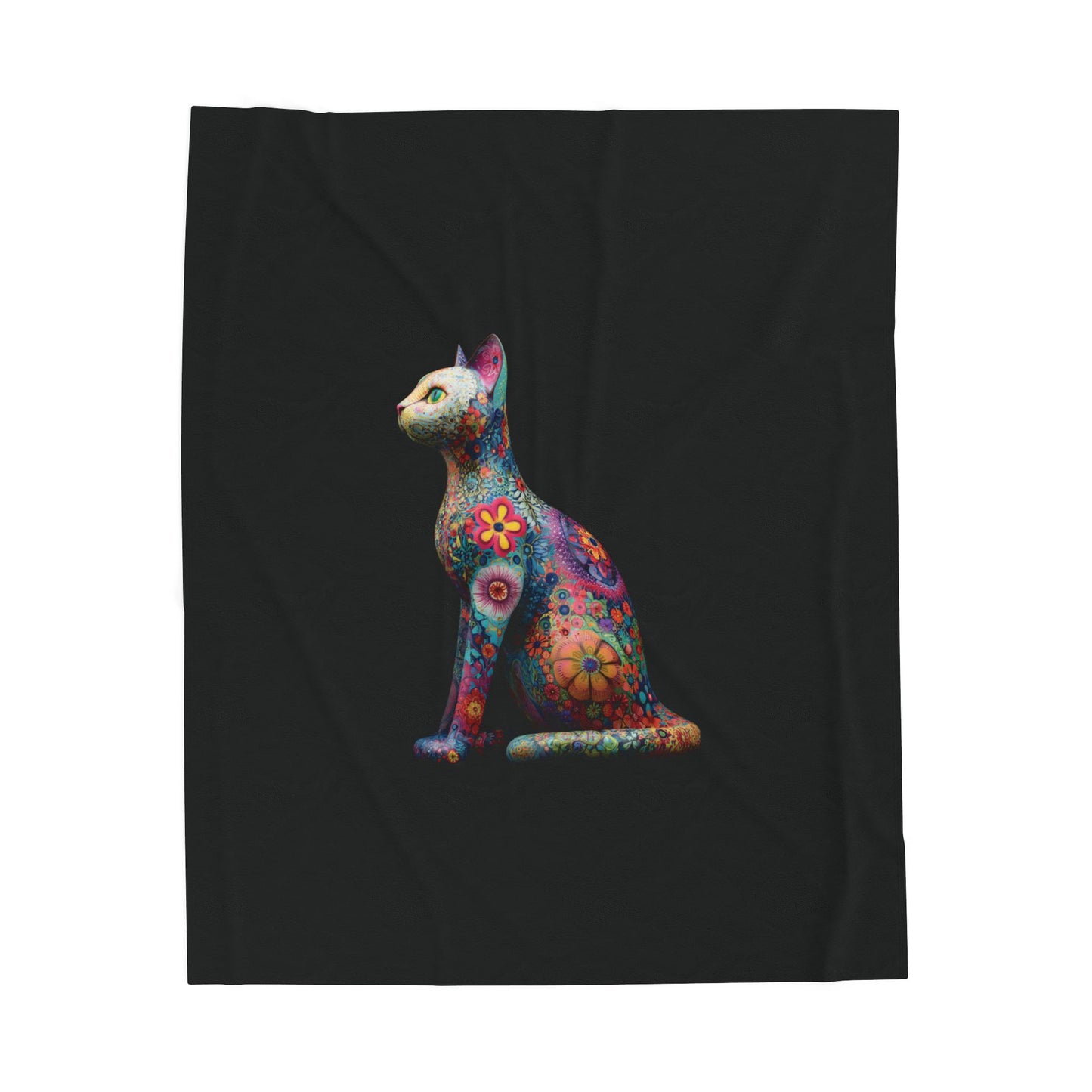 Colorful cat design on a black blanket