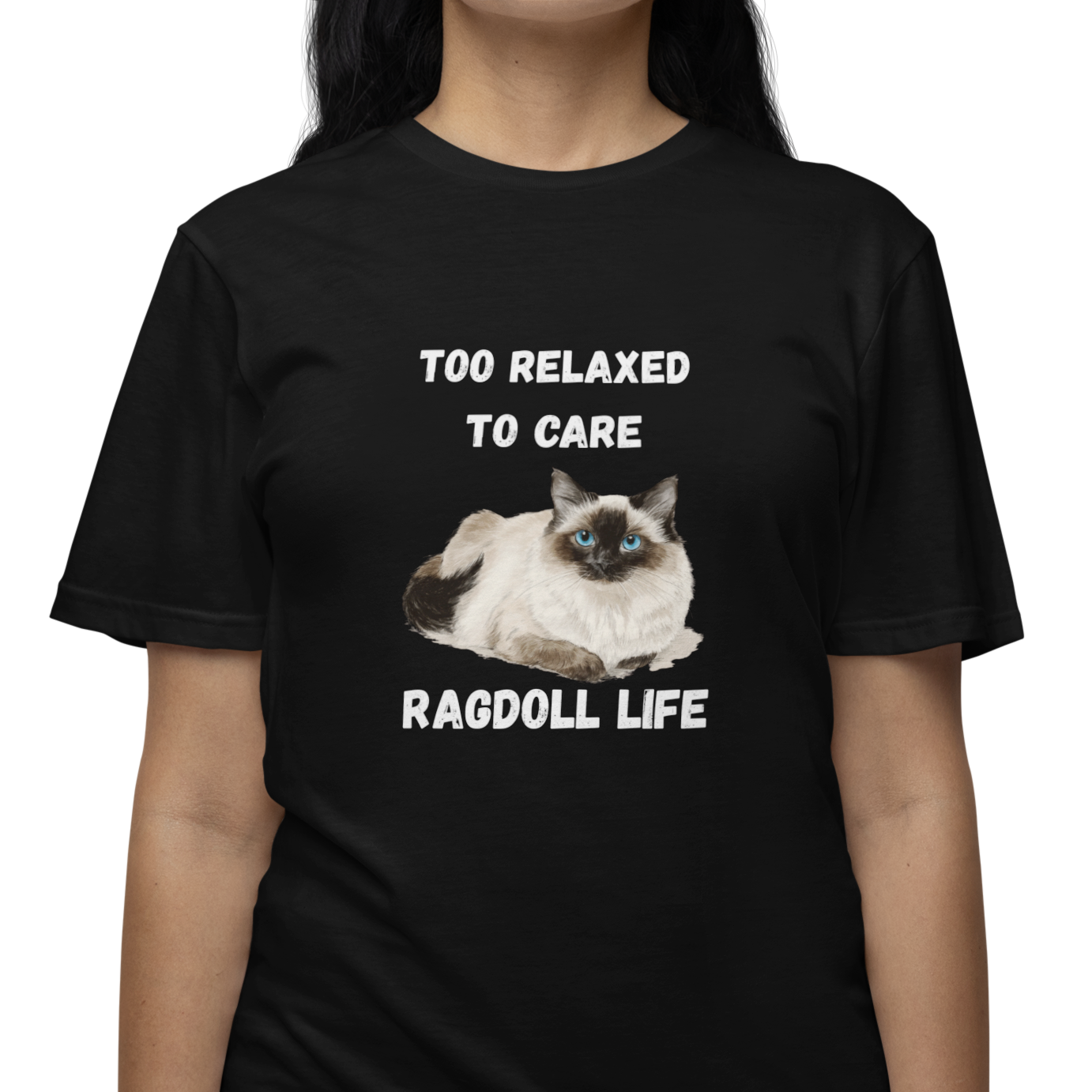 Black t-shirt with a cat graphic and text on a white background