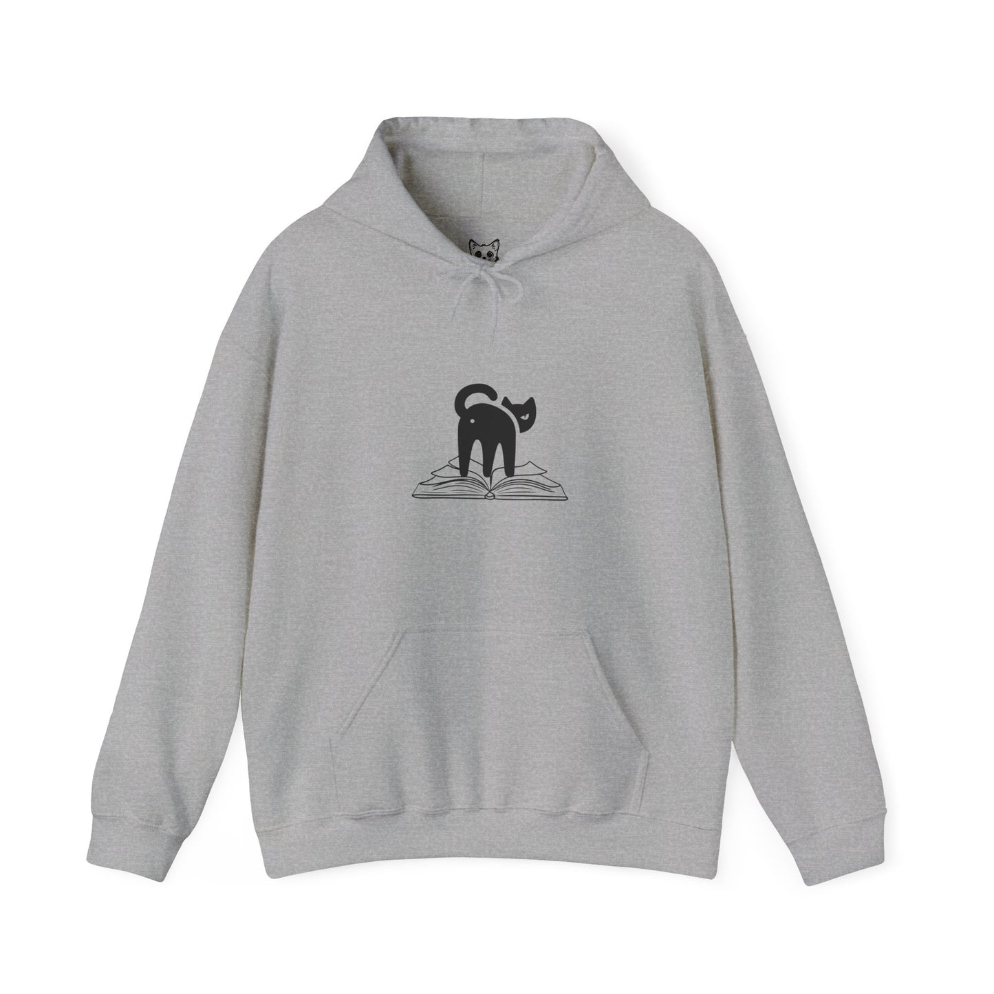 image of cat looking back on top of a book hoodie