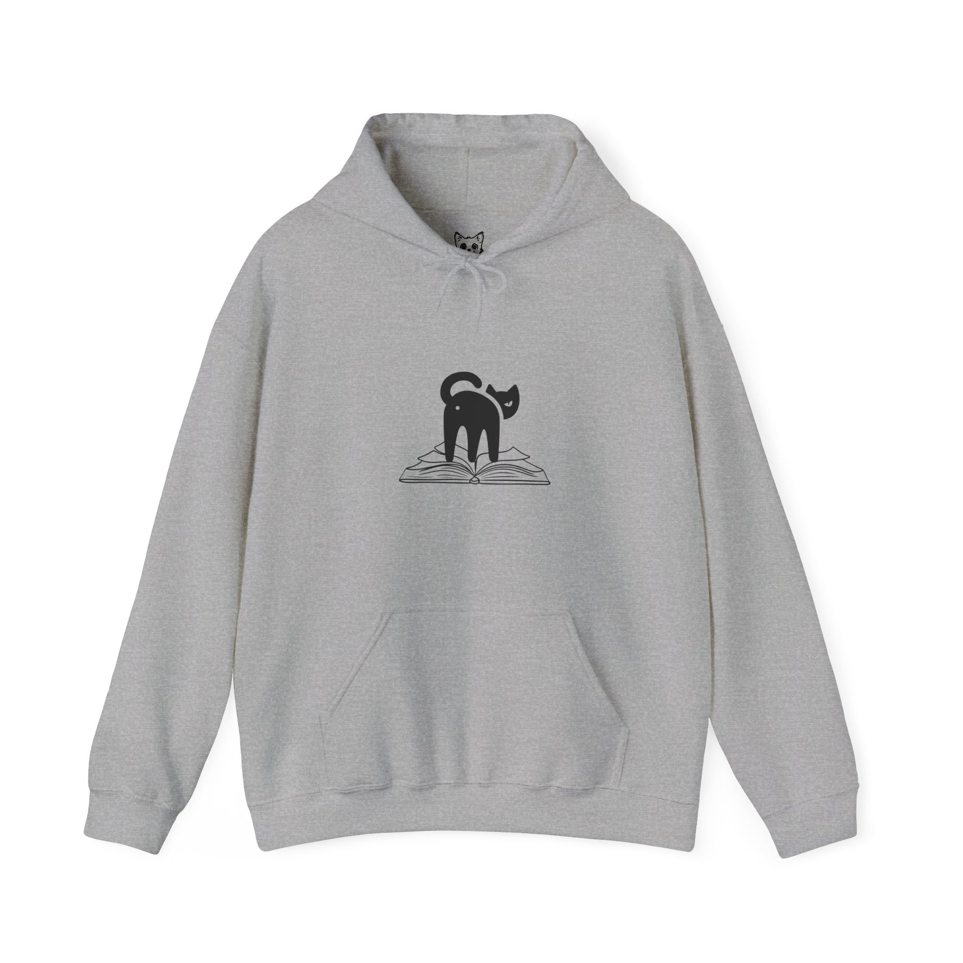 image of cat looking back on top of a book hoodie