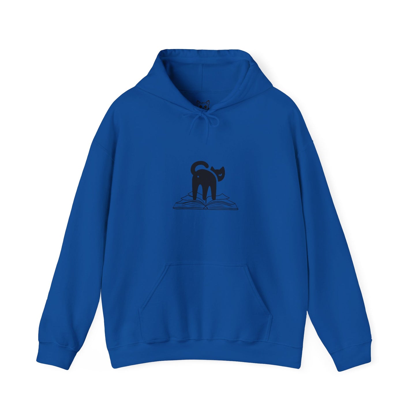 image of cat looking back on top of a book hoodie