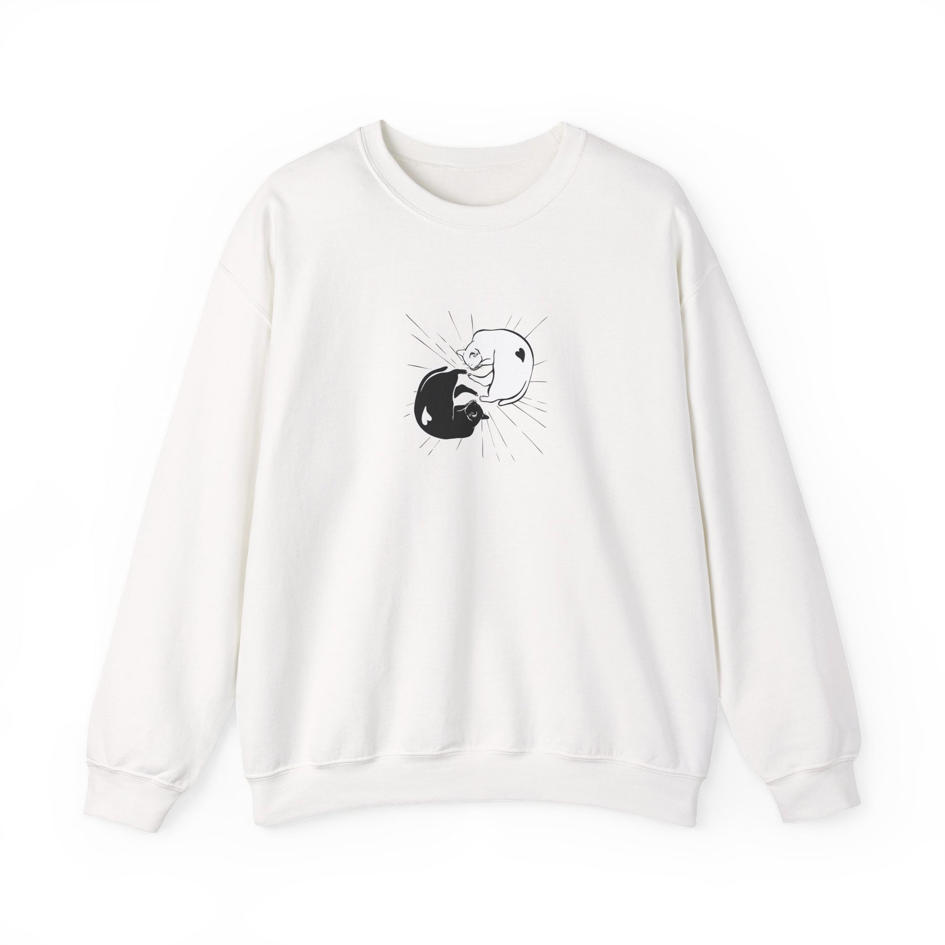 White sweatshirt with a black and white graphic design on a white background