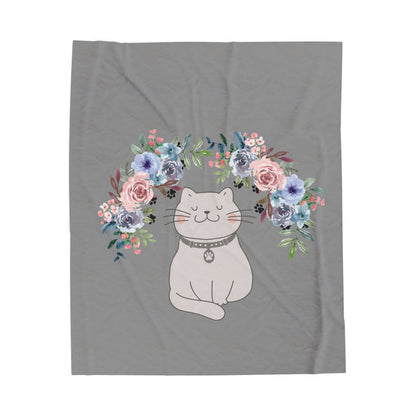 Flower Crown Cat Grey Velveteen Plush Blanket