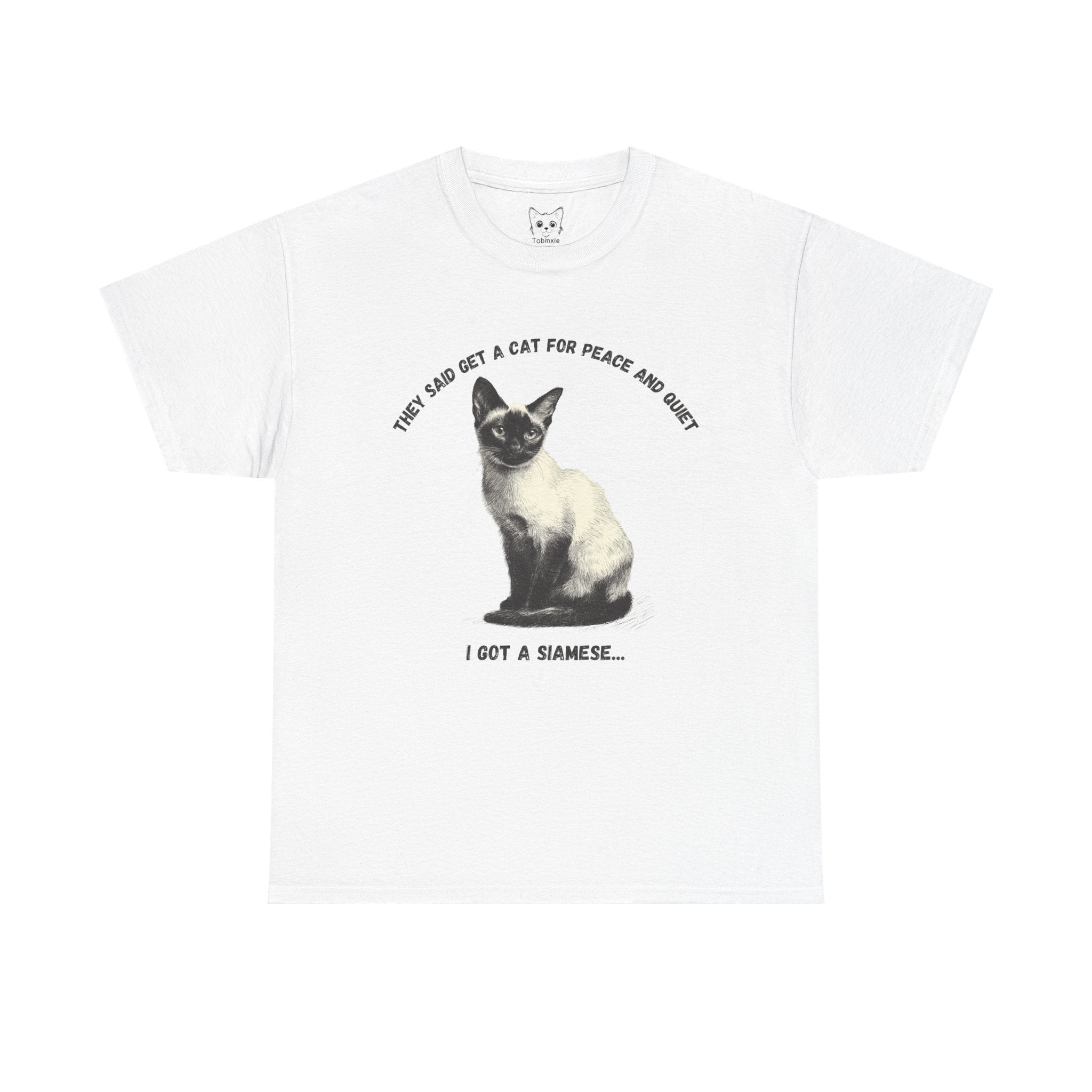 White t-shirt with a Siamese cat graphic and text on a white background