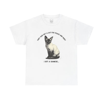 White t-shirt with a Siamese cat graphic and text on a white background