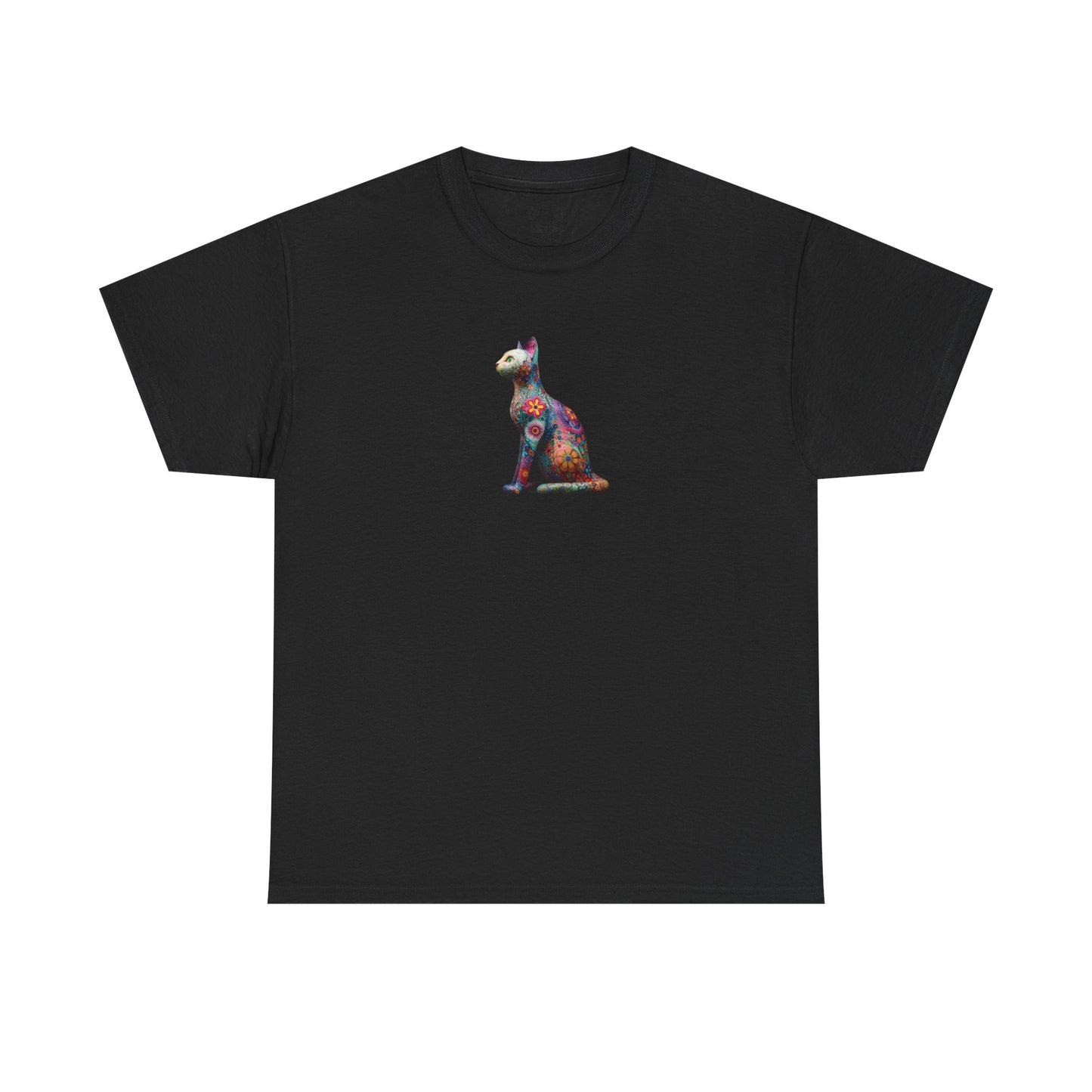 Black t-shirt with a colorful cat design on a white background