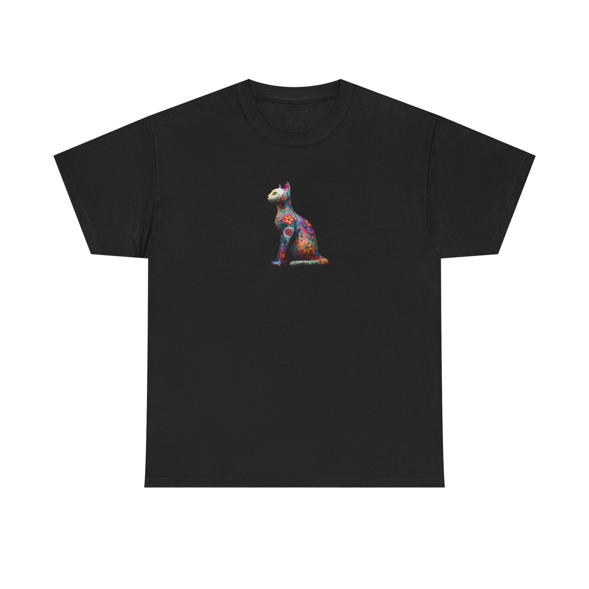 Black t-shirt with a colorful cat design on a white background