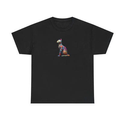 Black t-shirt with a colorful cat design on a white background