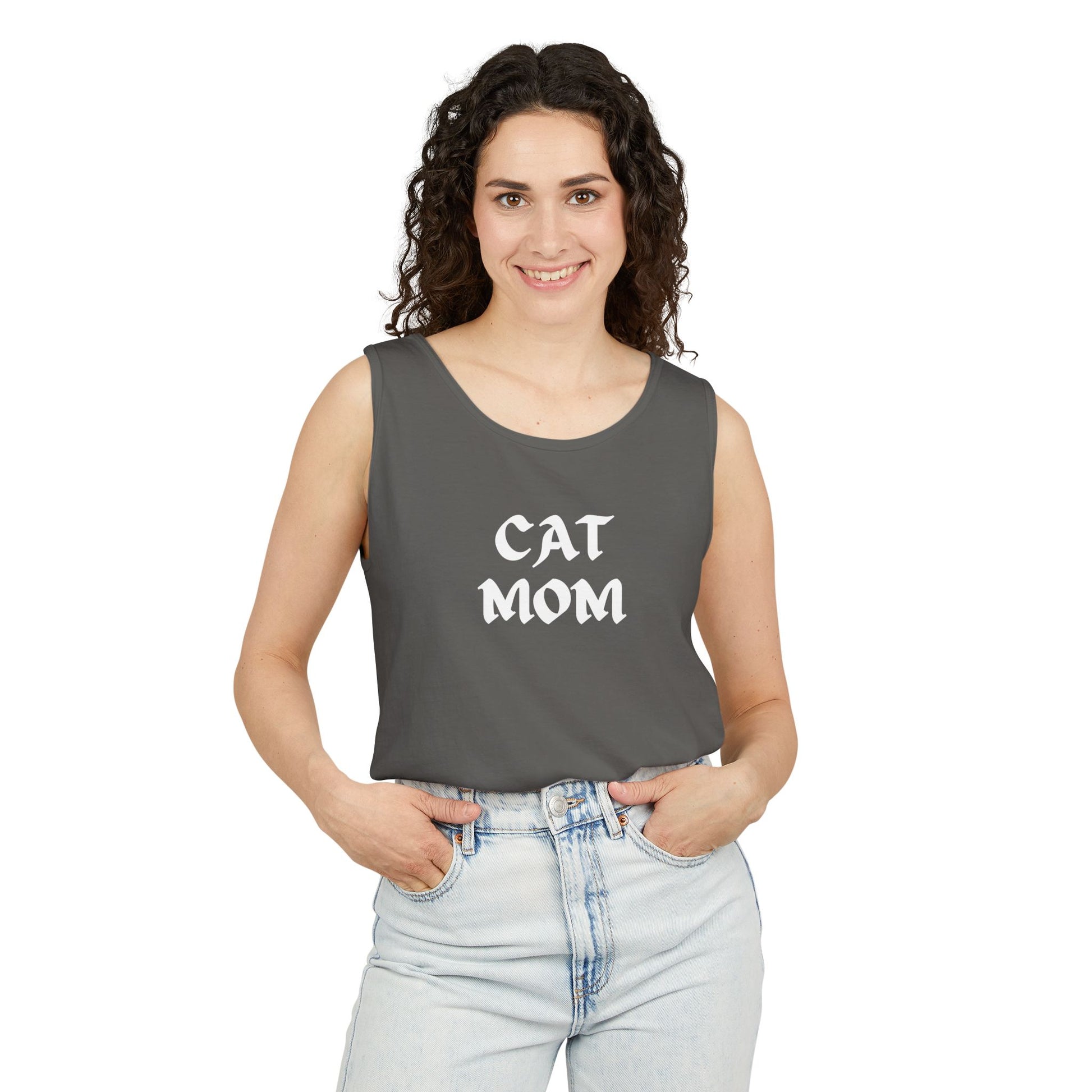Denim tank top. cat mom text 