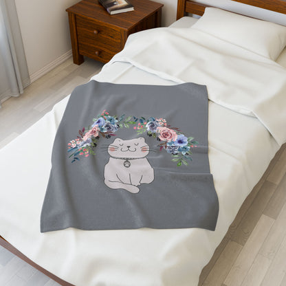 Flower Crown Cat Grey Velveteen Plush Blanket