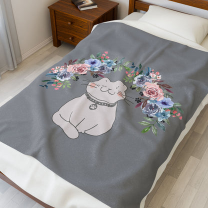 Flower Crown Cat Grey Velveteen Plush Blanket