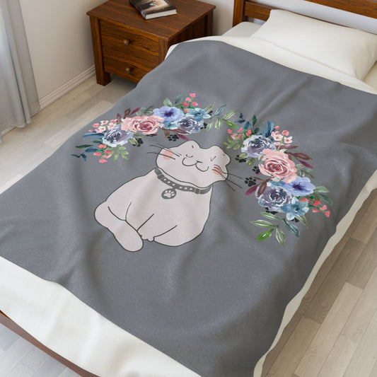 Flower Crown Cat Grey Velveteen Plush Blanket