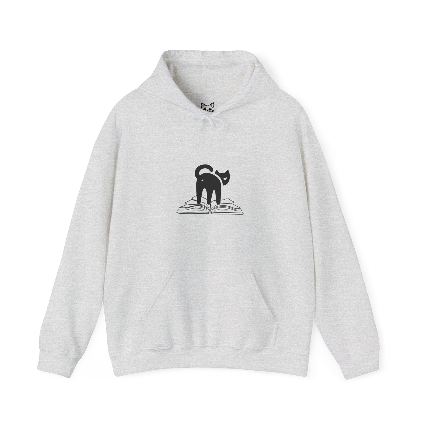 image of cat looking back on top of a book hoodie