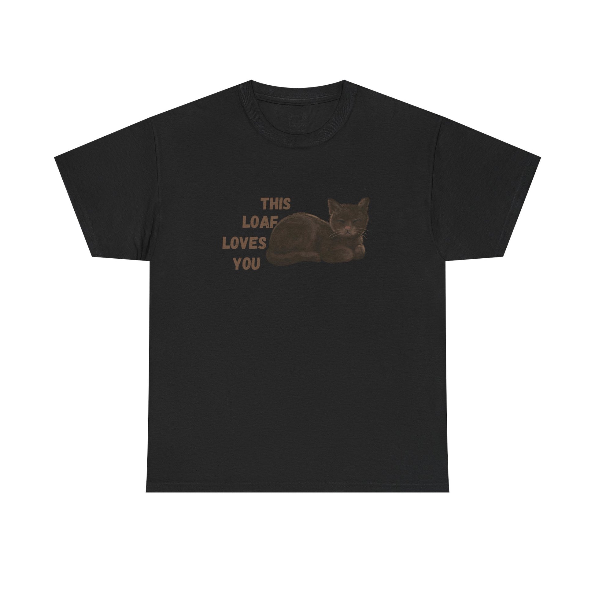 Black t shirt- 'This loaf loves you' text with brown cat image