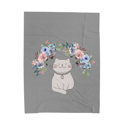 Flower Crown Cat Grey Velveteen Plush Blanket