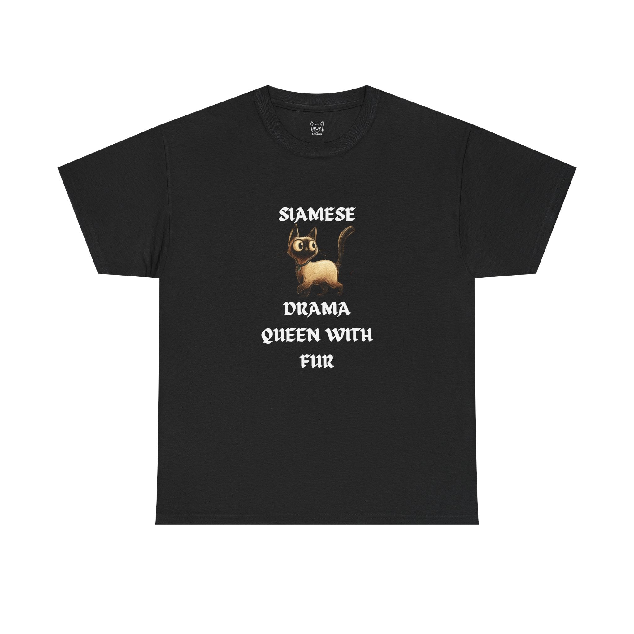 Black t-shirt with a cat graphic and text on a white background