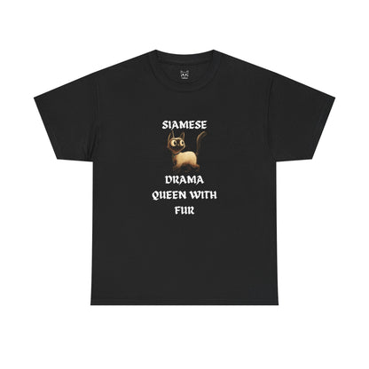 Black t-shirt with a cat graphic and text on a white background