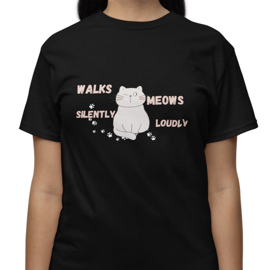 Black t-shirt with a cat graphic and text on a white background