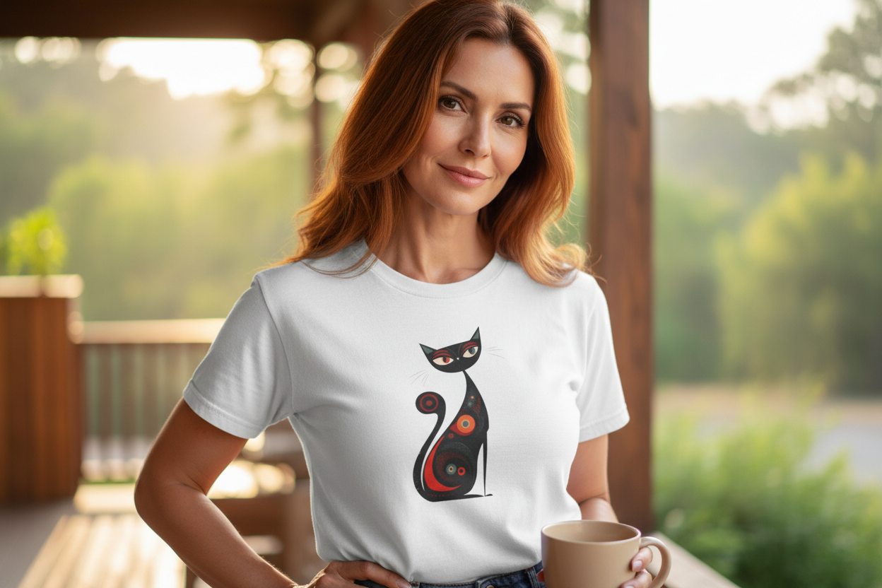 Abstract Cat Vibes White Tee Mockup