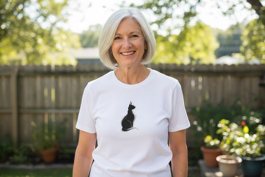 Artful Shadow Cat White Tee Mockup - Mature Model