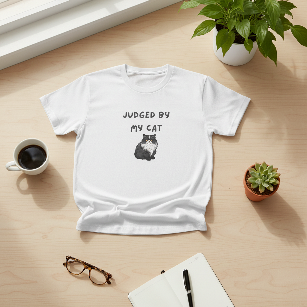 Cat Judging Tee flat lay mockup