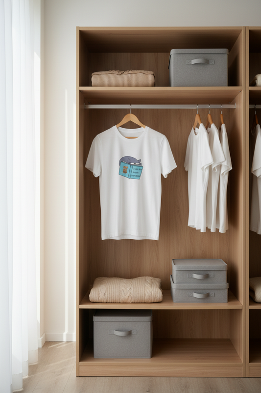 Cat reading t-shirt hanging in wardrobe