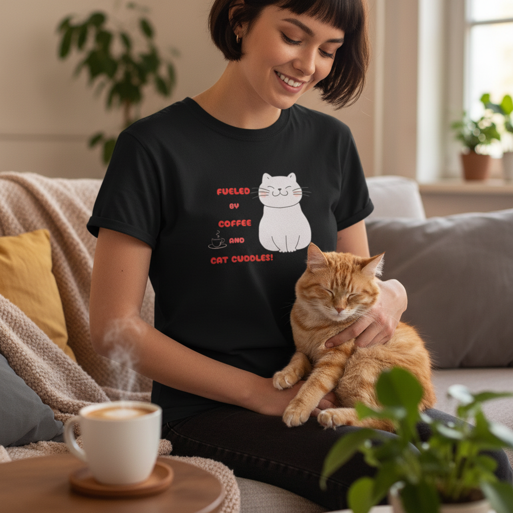 Coffee and Cat Cuddles T-Shirt Mockup - Closer View