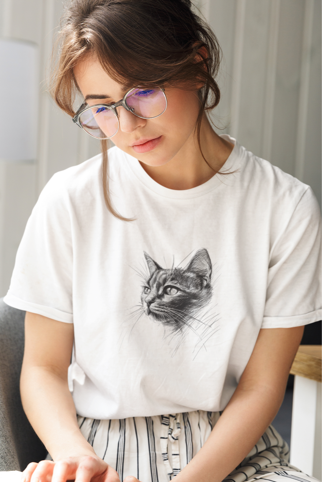 white t shirt- dark cat sketch