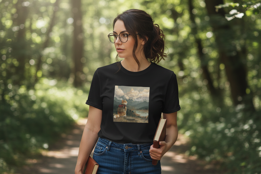 Daydreaming Cat Landscape Black Tee Mockup