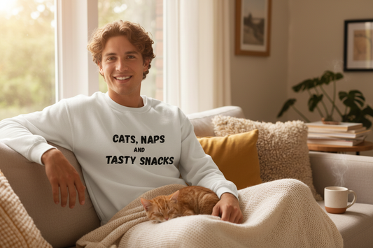 Different person relaxing on sofa in Cat Naps and Snacks white sweater