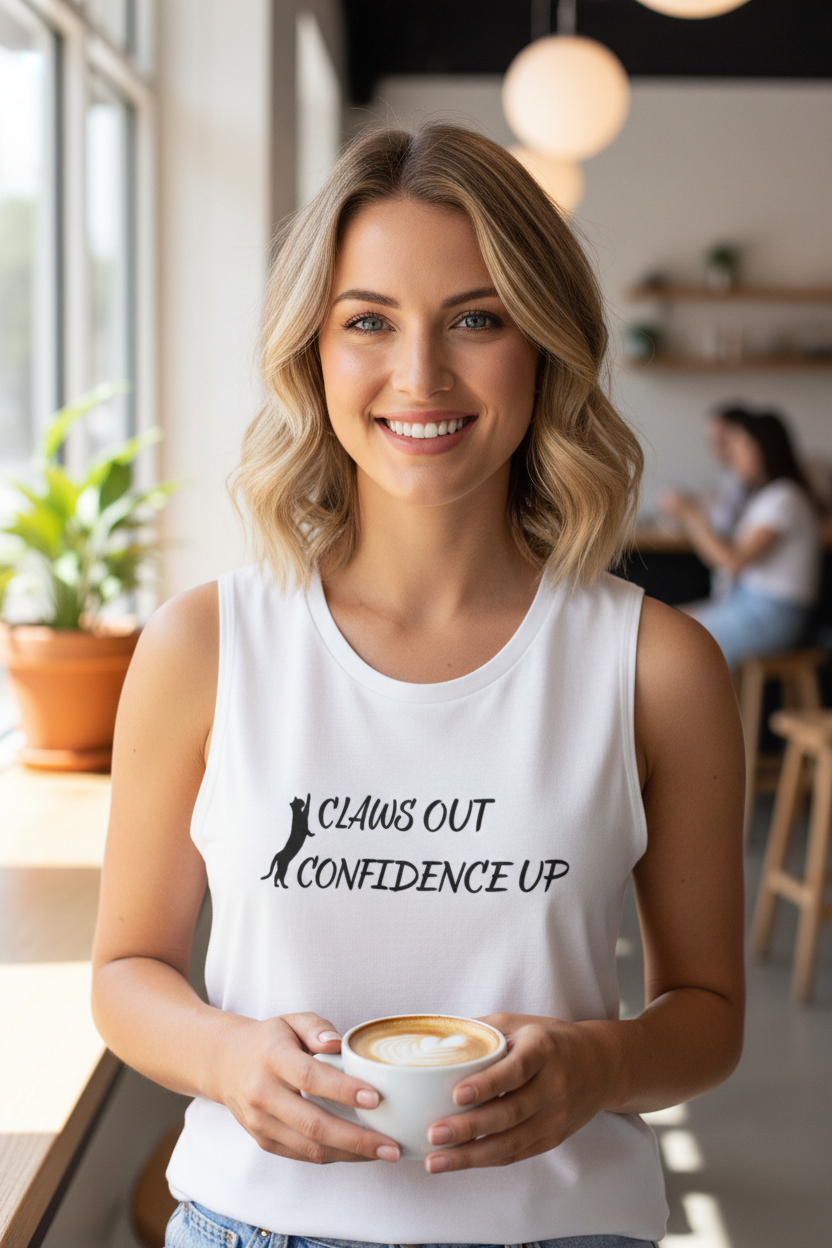 Different woman wearing Cat Claws Out tank top at cafe