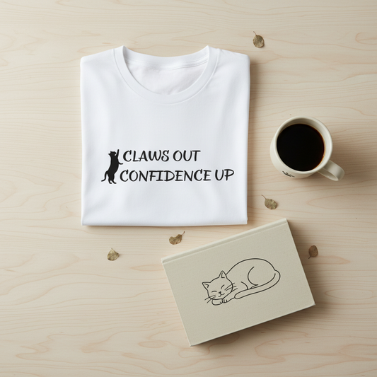 Flat lay of cat claws t-shirt with coffee and book