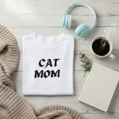 Flat lay of cat t-shirt with coffee and book