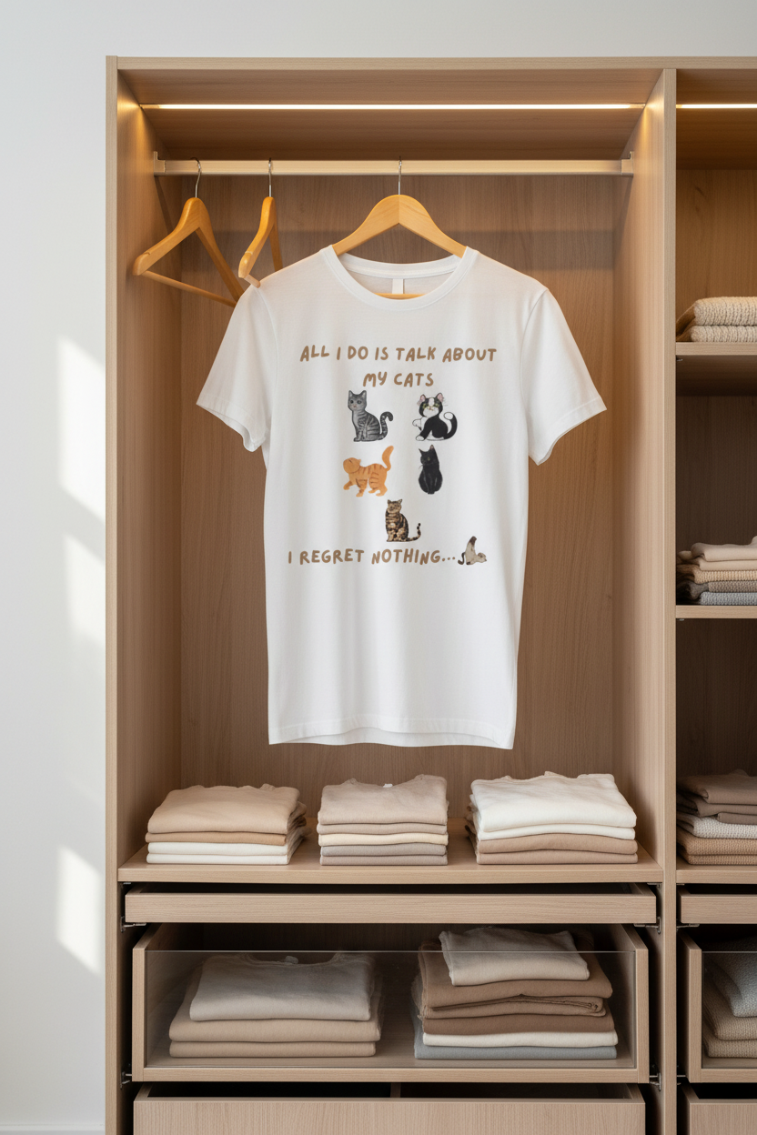 Funny honest cat t-shirt hanging in wardrobe
