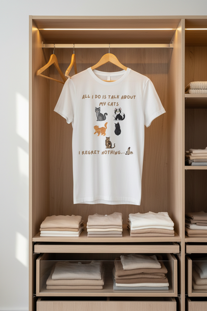 Funny honest cat t-shirt hanging in wardrobe